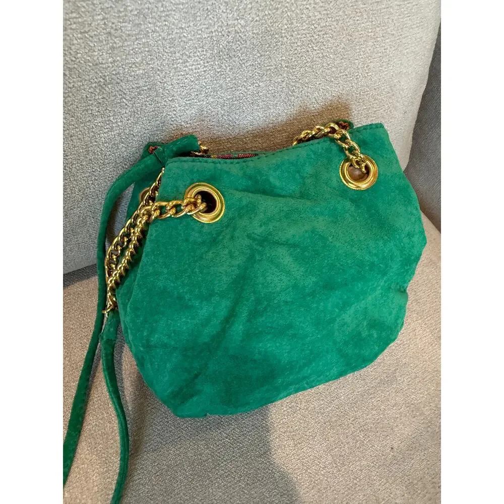Nine West Crossbody Bag‎ Women Green Suede Drawstring Chain Strap Gold Hardware